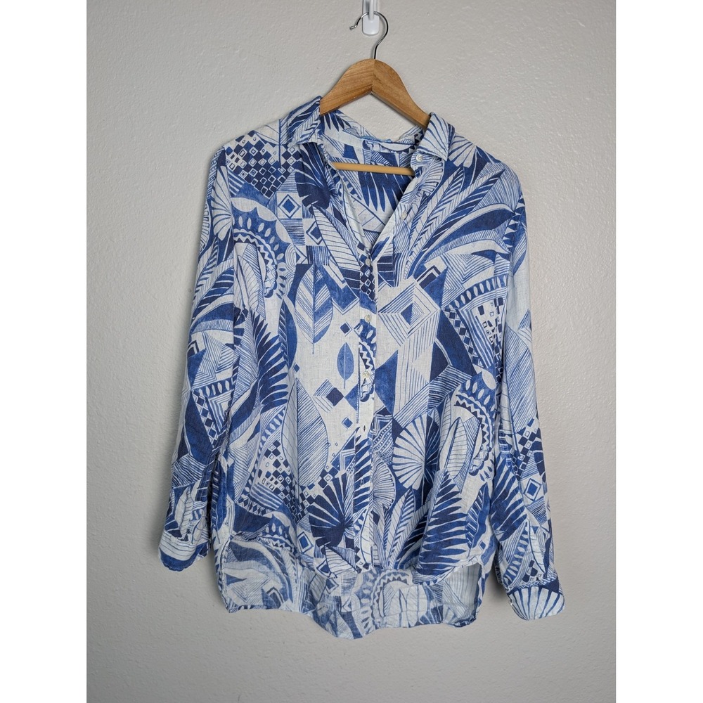 J. McLaughlin Button-Up Womens M Blue Floral Tunic Collared Long Sleeve Linen